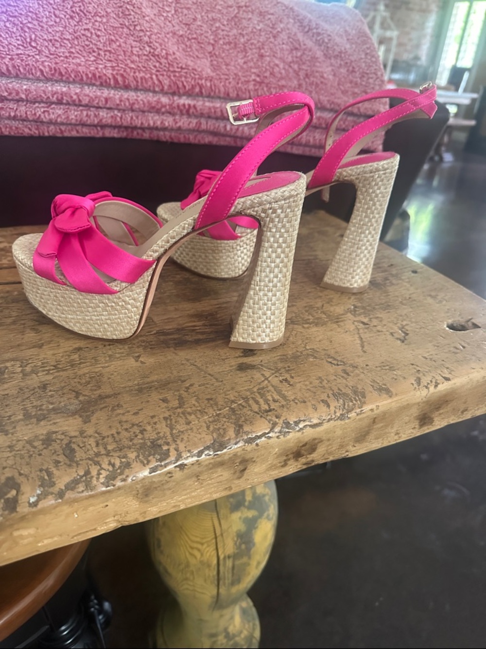 ANTONIO MELANI Hot Pink Satin Platform Sandals with Woven Block Heel